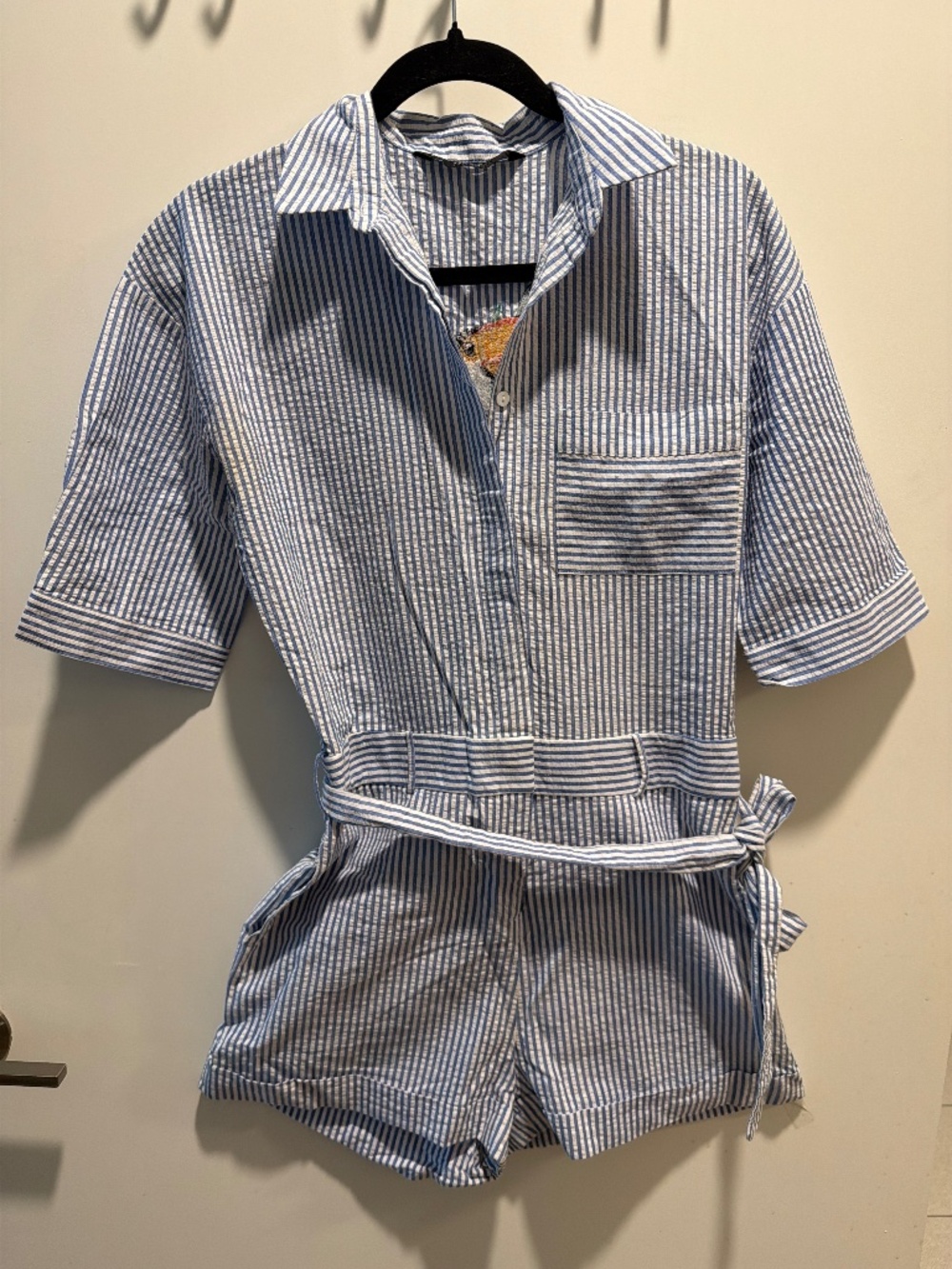 Zara Blue White Seersucker Romper Toucan Embroidery Back XS Gently Used